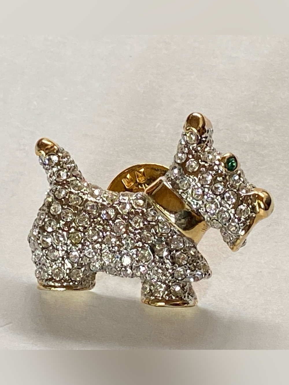 Crystal Pavé Dog Pin Brooch in Gold with Clear Stones, Emerald Green Eye